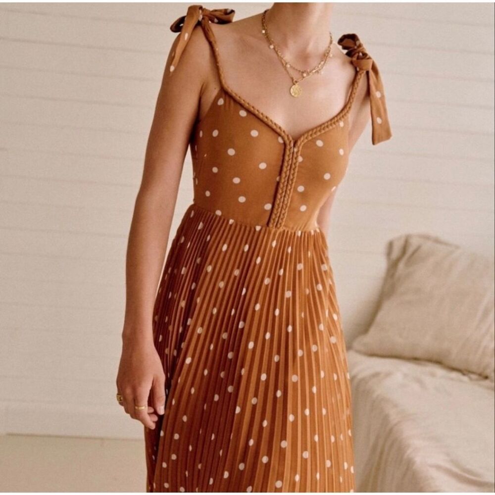 Sezane Nella Midi Dress with Tie Straps in Camel and Ecru Polka Dots